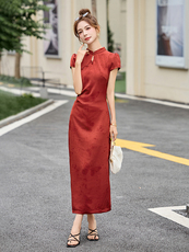 红色提花改良旗袍连衣裙女夏2025新款喜婆婆婚宴气质修身高端裙子，女装连衣裙，依如秀(原杭风阁)