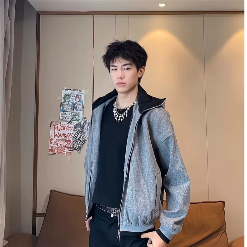 美式复古假两件立领针织衫外套男女休闲百搭连帽拉链卫衣,男装针织衫/毛衣,星座506A