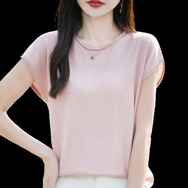 高级感简约圆领针织小飞袖T恤女2025新款宽松显瘦百搭短袖t恤上衣,针织衫/毛衣,羿纯羊绒