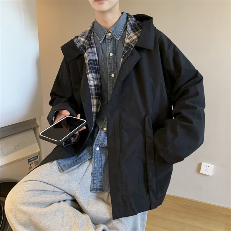 夹克外套百搭情侣褂子男秋季宽松设计感格子连帽上衣W5941-P48,男装夹克,星座512-2