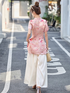 新中式盘扣旗袍印花上衣阔腿裤两件套女夏季新款时尚显瘦国风套装图片