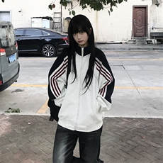抖音得物高品质26春装美式高街重磅织带拼接撞色立领卫衣外套CM41，女装短外套，电商A486