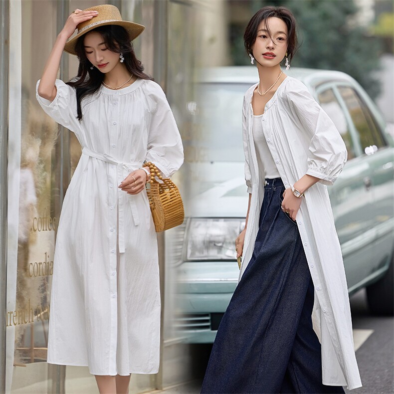 2025年春季新款偏薄春秋中长款单件无领单排多扣衬衫连衣裙，女装连衣裙，初闻兮