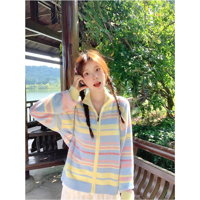 奶fufu彩虹撞色条纹高领毛衣女春秋季2025新款慵懒风针织开衫外套图片