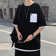 新款夏季宽松情侣胸前口袋日系t恤短袖男撞色假两件T121-P20，男装T恤，星座512-2