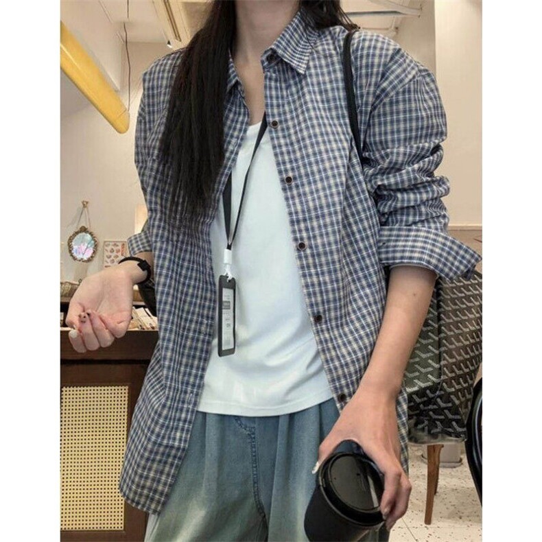 蓝色格纹衬衫女春秋内搭叠穿衬衣复古格子防晒开衫外套 C3731图片
