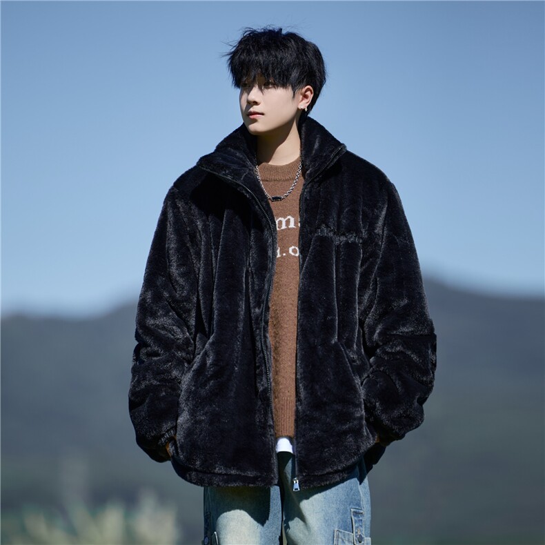 胖胖哥街头风羊羔毛绒棉衣男立领字母刺绣大码宽松加厚保暖棉服，男装棉衣，电商A029