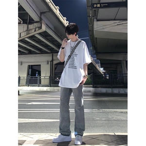 美式hiphop烟灰色毛边修身直筒显瘦牛仔裤痞帅高街图片