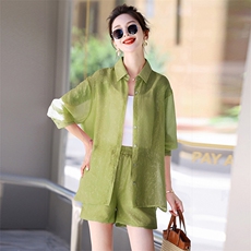 夏季新款天丝防晒衬衫短裤背心三件套时尚减龄2025夏装穿搭一整套，女装套装/套裙，衣之秀