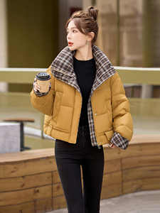 短款羽绒服女2024冬季新款小个子高级感超好看洋气拼接格子面包服图片