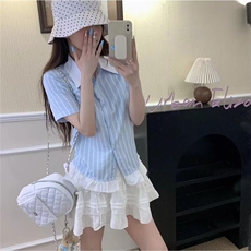 原创设计甜美少女感百搭条纹翻领收腰小飞袖短袖衬衫夏季衬衣上衣，男装T恤，星座506A