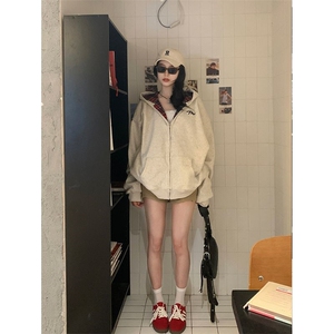 重工格子拼接连帽卫衣外套男女连帽卫衣小众设计感情侣高街帽衫图片