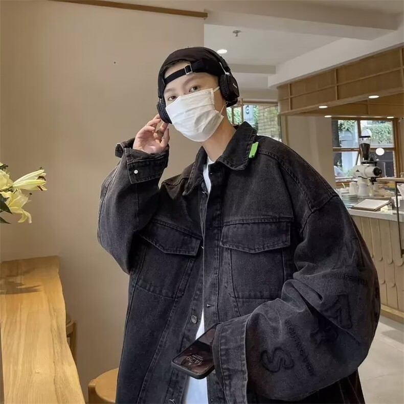 美式复古烟灰色刺绣牛仔外套oversize高街男春秋水洗褂子工装夹克,男装工装外套,星座1210-1