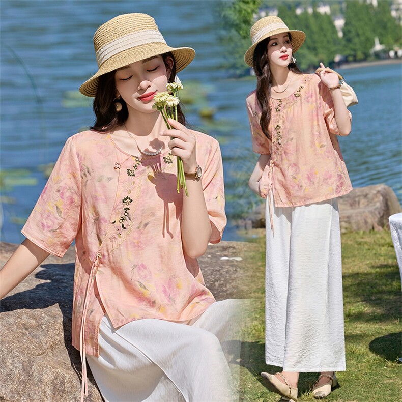 时尚洋气刺绣印花套装女2026夏季新款宽松遮肉显瘦阔腿裤两件套,女装套装/套裙,魅影