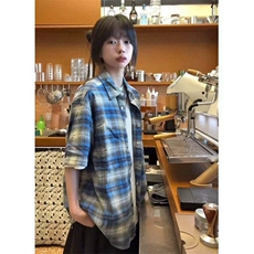 vintage美式蓝色格子短袖衬衫男女夏季高级感衬衣外套WHJ855-P35，男装T恤，星座1008
