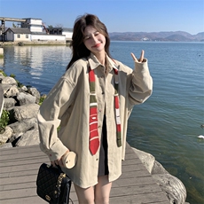 oversize撞色领带灯芯绒衬衫女春秋2026新款独特设计感学院风上衣，女装短外套，2C159