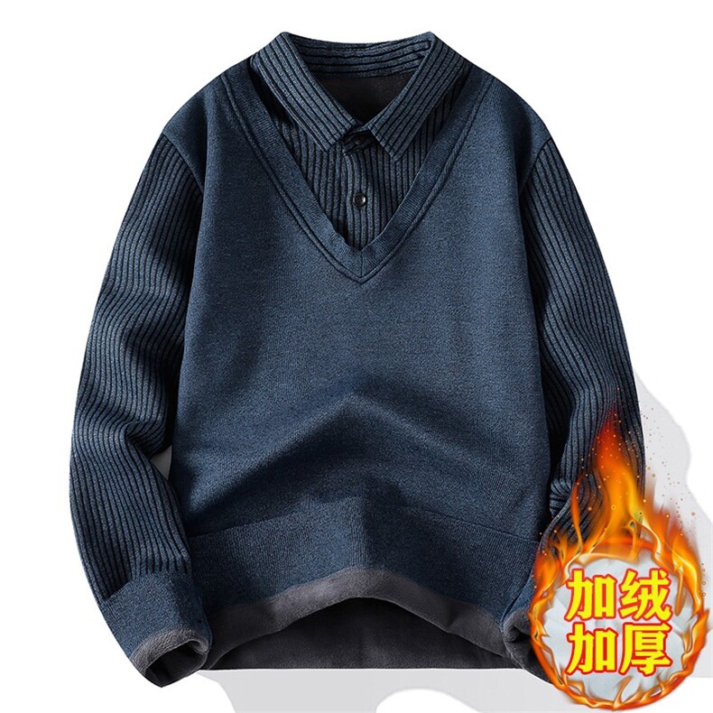 毛衣加绒加厚中老年男士冬装假两件衬衫领针织打底衫,男装针织衫/毛衣,星座1013