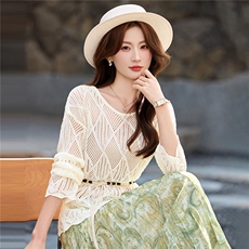 现货2026年春夏季新款时尚波西米亚风圆领半身裙两件套，女装套装/套裙，蓝诺裳