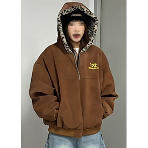 豹纹双面穿棉服连帽麂皮绒短款男女冬季工装夹克棉衣 WA275图片