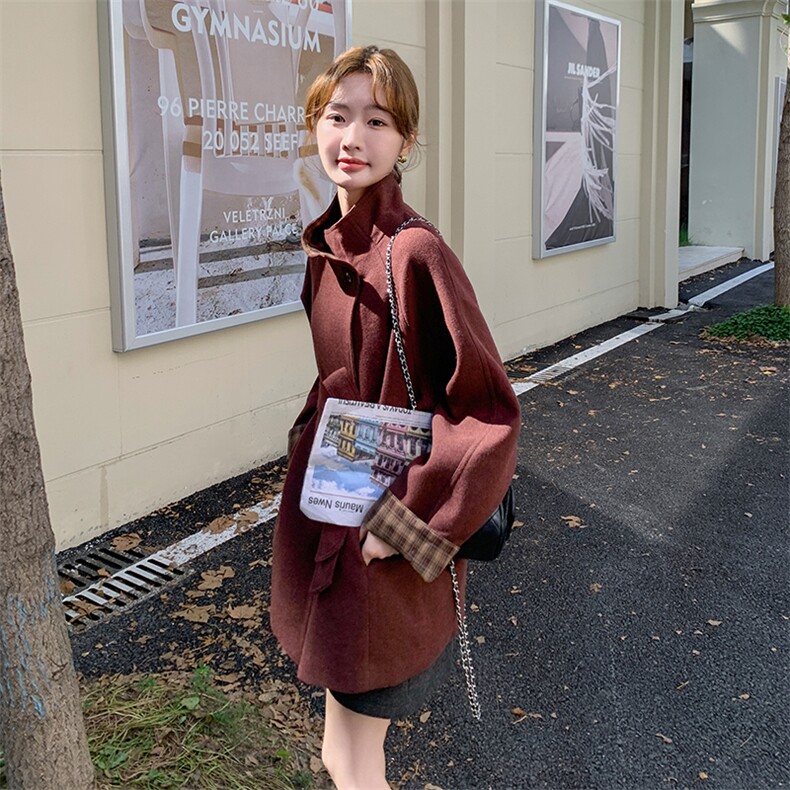 新款现货主推袖子拼色毛呢大衣9887-P175-K258,女装毛呢外套,2C129