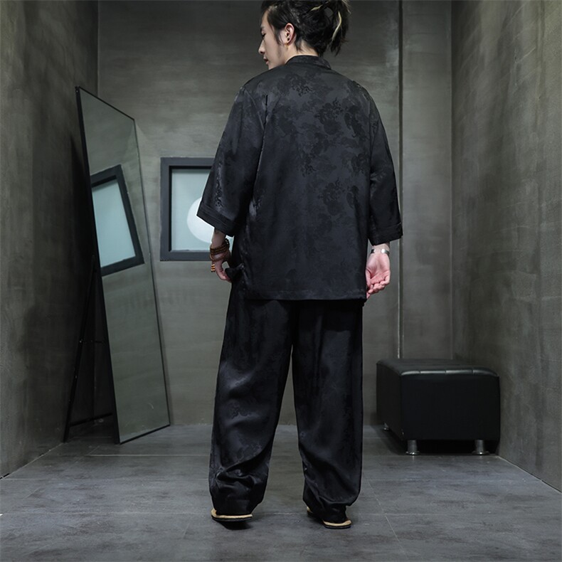 风休闲七分袖立领衬衫2025夏季新款百搭长裤套装TZ100-P110,男装休闲套装,电商A008
