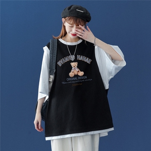 中性风 夏季潮流可爱小熊印花情侣假两件背心+T恤 T512P35控48图片