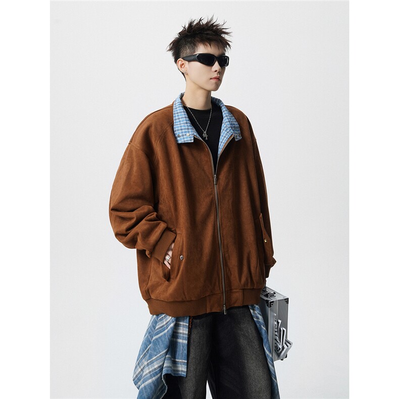 可二开格子拼接麂皮绒M-5XL大码两穿宽松夹克男JK78114P75控128，男装夹克，星座227-7