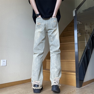 美式高街vibe裤子破洞牛仔裤男款设计感微喇直筒乞丐裤G100-p45图片