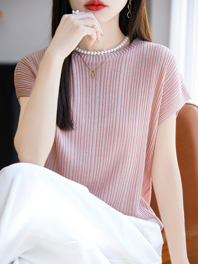 夏季常规短袖圆领针织衫女夏新款温柔减龄上衣,女装T恤,暖圣羊羊绒