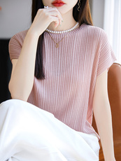 夏季常规短袖圆领针织衫女夏新款温柔减龄上衣，女装T恤，暖圣羊羊绒