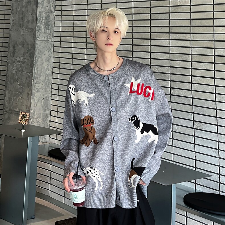 复古趣味小狗绣花毛衣开衫男女秋冬外套宽松情侣针织衫12850-63,男装针织衫/毛衣,电商C307