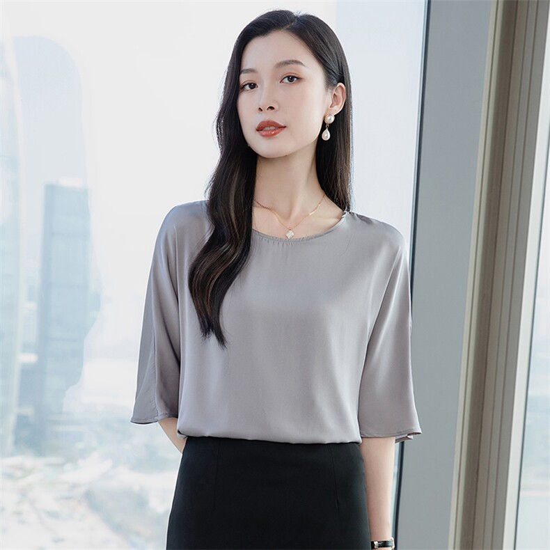 重磅圆领酒红真丝衬衫女五分袖2026春新款妈妈宽松大码真丝上衣,女装衬衫,阿舍尔精品