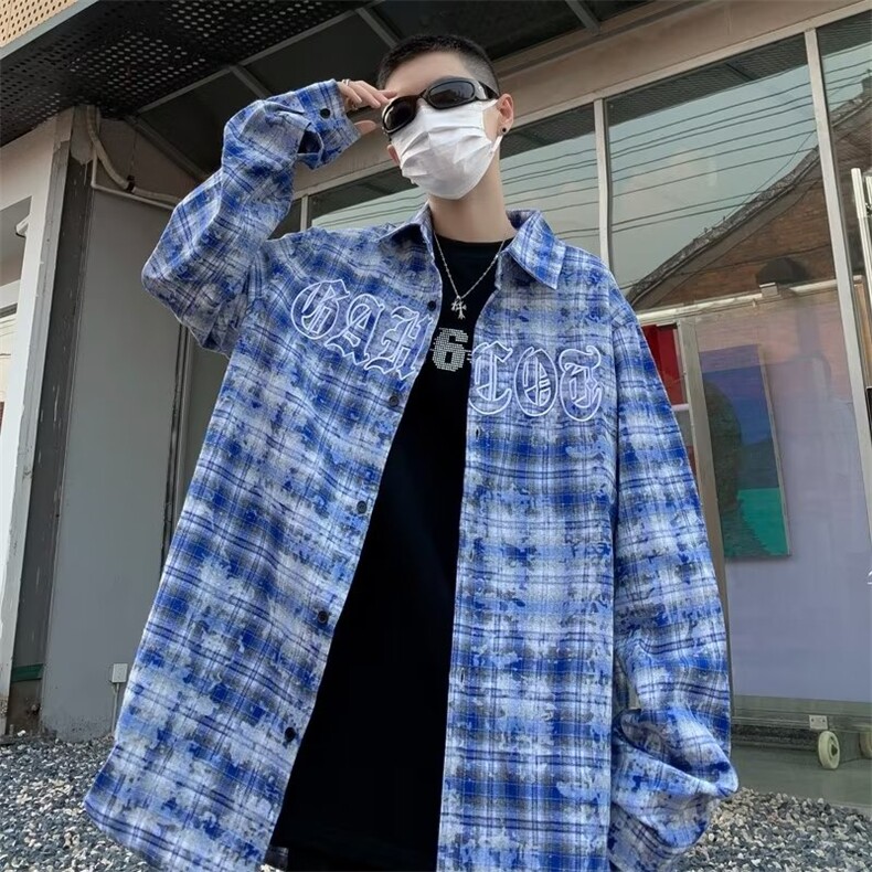 潮牌美式高街字母刺绣格子衬衫男春秋款设计HC138P40,男装衬衫,星座1116-2