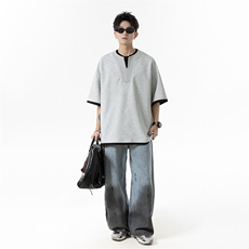 夏季2025新款罗纹拼接假2件亨利领短袖T恤xz906-Y137P45控78，男装T恤，星座906（原电商a316-1）