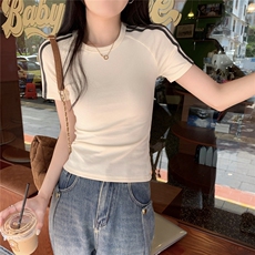 ZT5960-P38复古条纹撞色t恤女夏季辣妹圆领修身显瘦短袖上衣，女装T恤，电商B245
