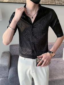 白 店主风社会小伙男士提花七分袖衬衫男301A-1/CS583/P55图片