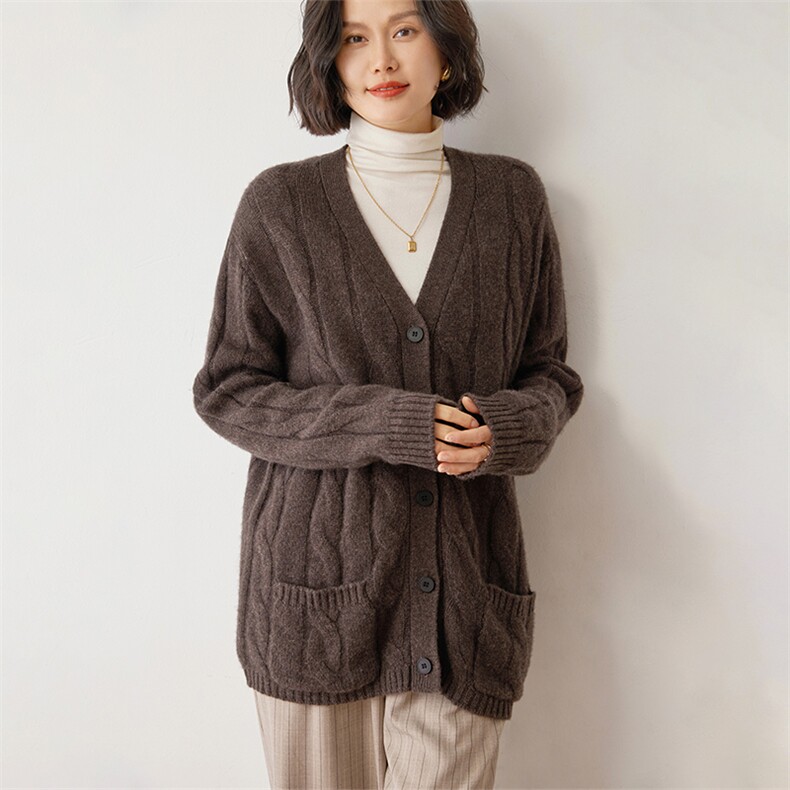 长袖针织开衫女宽松百搭纯色35%羊绒衫休闲外套上衣,女装羊绒衫,雪山红莲