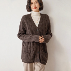 长袖针织开衫女宽松百搭纯色35%羊绒衫休闲外套上衣，女装羊绒衫，雪山红莲