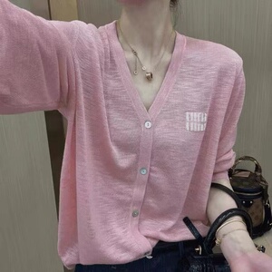 春季超薄精纺羊毛开衫女v领拼色字母刺绣上衣宽松针织衫外搭长袖图片
