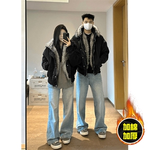 现货高品质美式高街重磅狼王座山雕毛毛领假两件棉衣加厚棉服外套图片