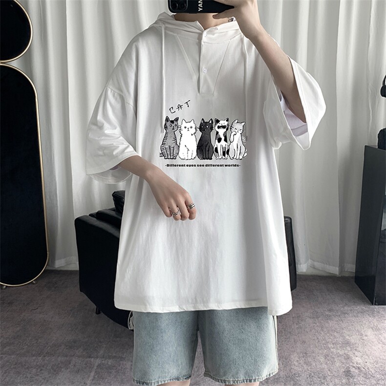 LD54100-P45连帽短袖t恤男大码胖子带帽五分袖中袖,男装T恤,电商A040