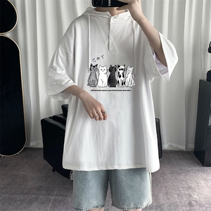 LD54100-P45 连帽短袖t恤男大码胖子带帽五分袖中袖图片