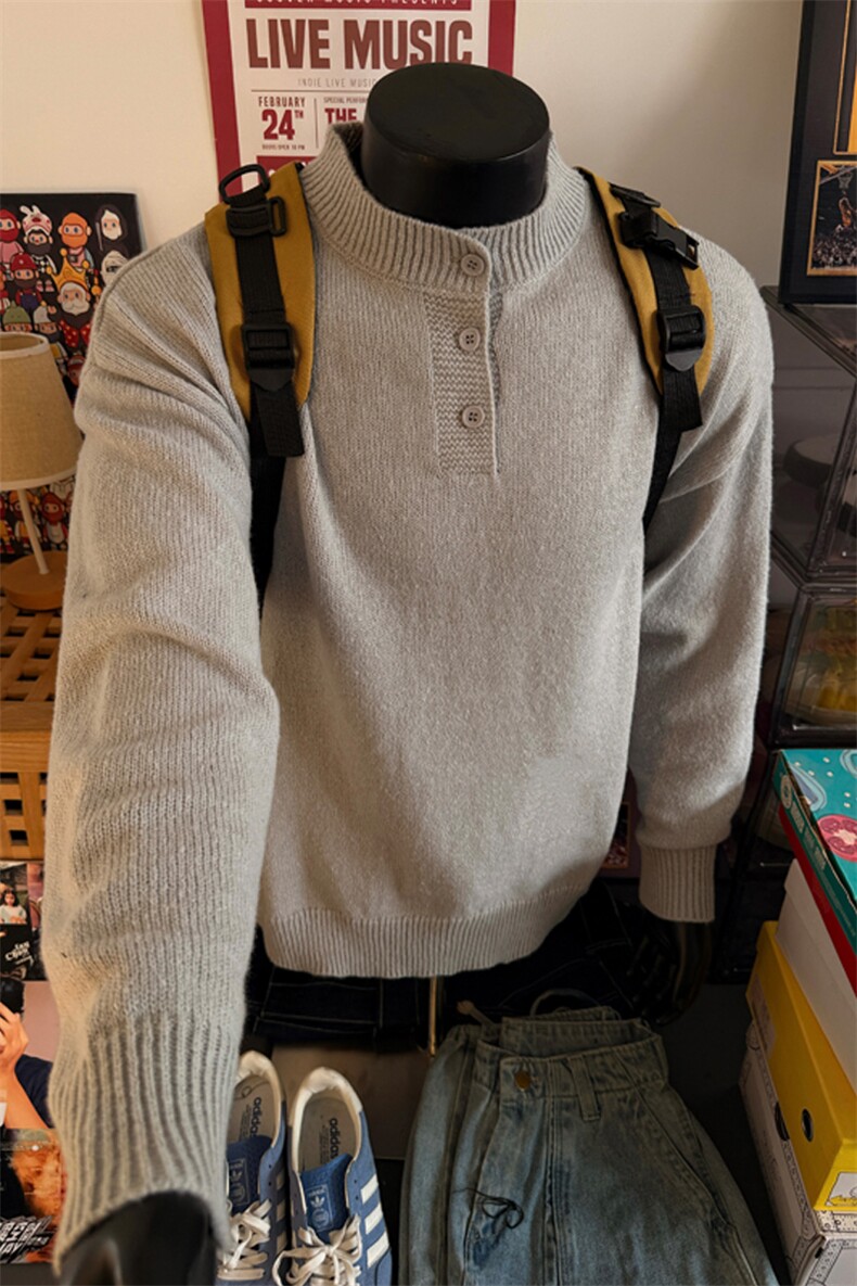 灰色美式亨利领针织毛衣男长袖慵懒风cleanfit内搭打底针织衫外套,男装针织衫/毛衣,电商A022