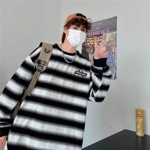 秋冬季日系长袖T恤慵懒风条纹撞色拼接圆领男卫衣Y01-P35图片