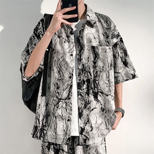 特批P25无差价2025冰丝顺滑水墨扎染垂感潮牌五分袖花衬衣男CD898图片