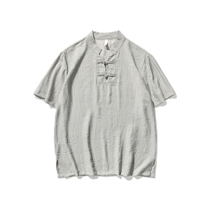 夏季 大码风棉麻亚麻宽松短袖盘扣衬衫中式立领T恤潮 F18/P50图片