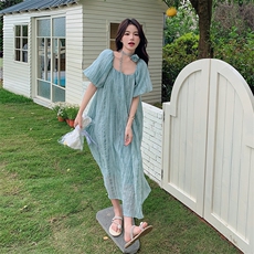 夏季连衣裙2025新款女洋气泡泡袖慵懒宽松气质可甜可盐超好看裙子，女装连衣裙，纯色衣恋