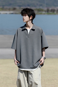 8XL-M假两件V领短袖t恤男夏翻领半袖宽松重磅华夫格大码DT001P40图片