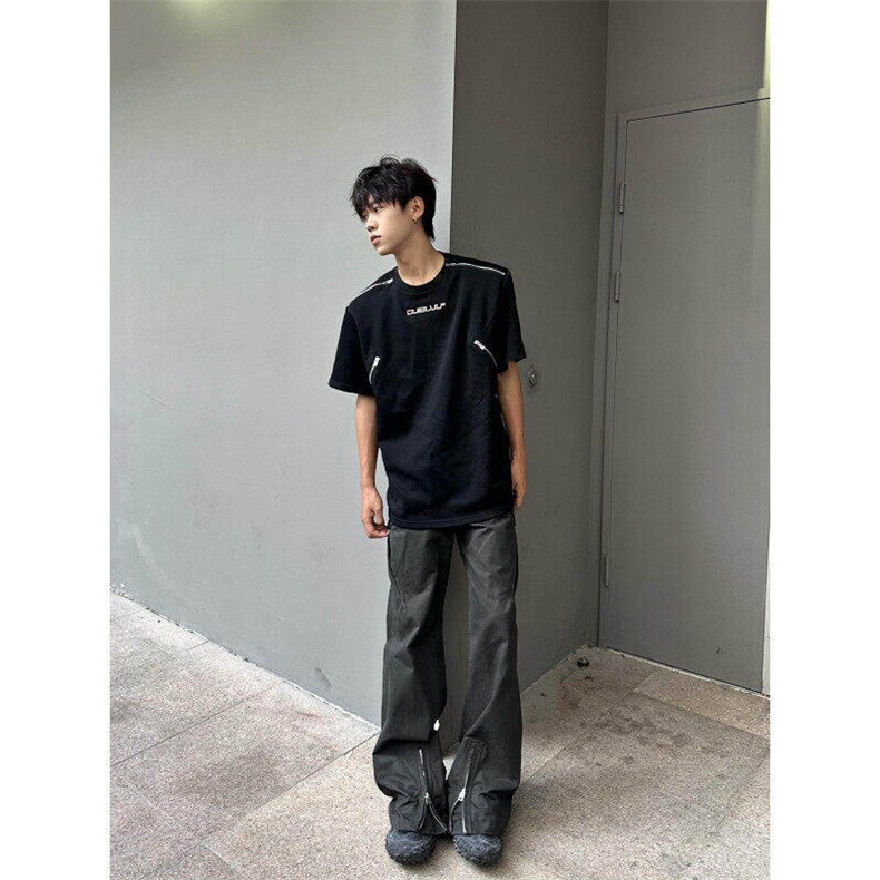 夏季小众拉链美式高街设计感垫肩T恤男短袖宽松半袖t恤WL7133-P45,男装T恤,星座1008