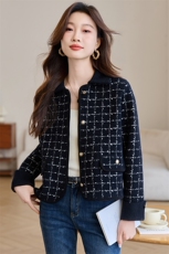 小香风格子短款外套女装2025春秋新款小个子休闲气质翻领开衫上衣，女装针织衫/毛衣，韩然一族